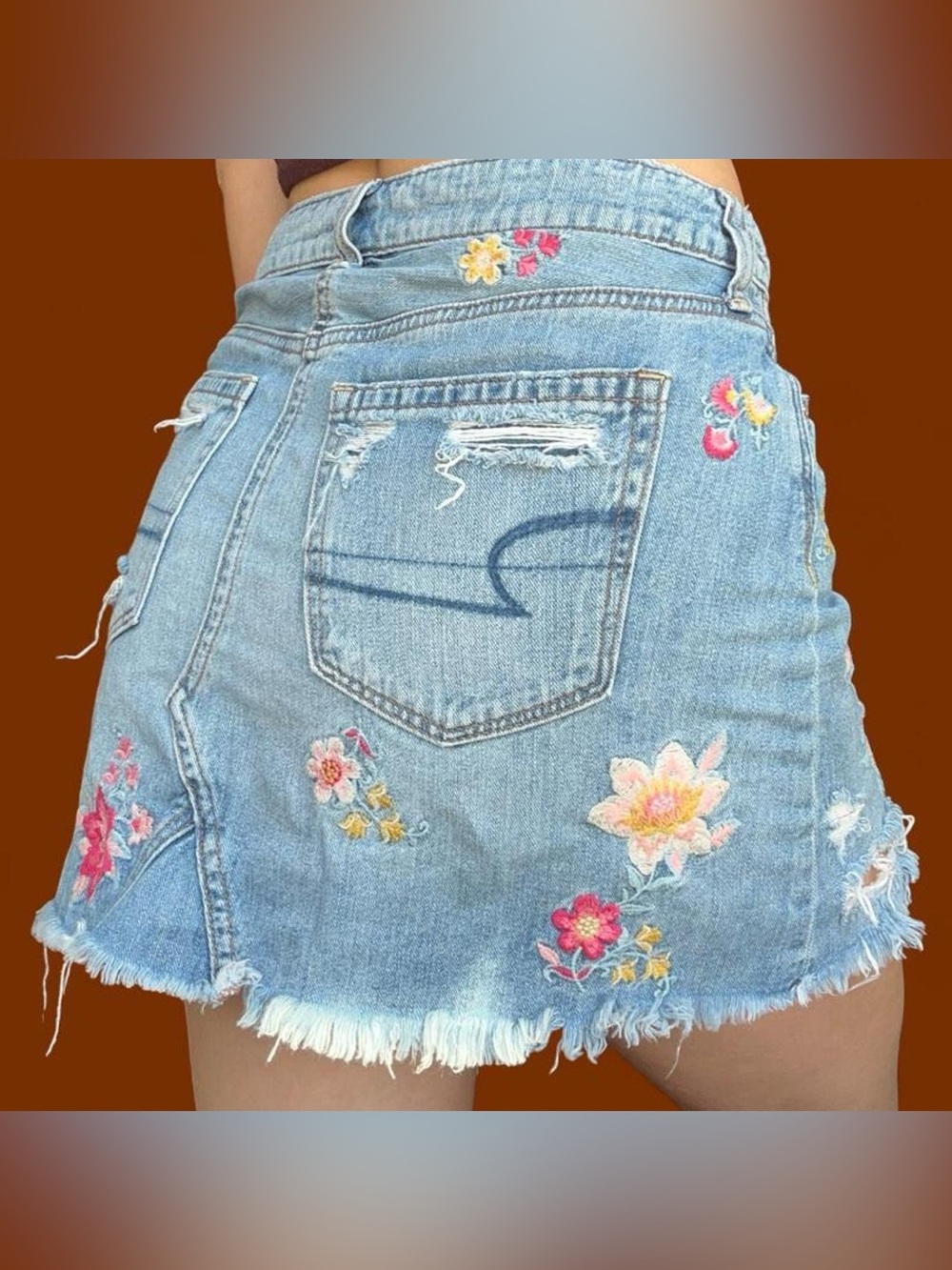 American Eagle Outfitters Light Blue Denim Mini Skirt with Floral Embroidery